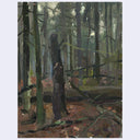 An impressionistic forest painting featuring tall, dark tree trunks, muted green foliage, and a brown forest floor with visible brushstrokes.
