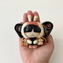 Ceramic sculpture of a small character with a large head wearing a Mothra costume, with a hood hat and a large set of wings behind it matching Mothra's colorways. Its being held in someone's hand.