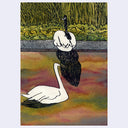 Watercolor painting of 2 swans in a lake that reflects a very gloomy yet colorful sky with muted oranges, purples, greens and reds. Thick water plants are behind them.