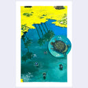 Painting of a lake scene alongside neon green foliage with palm trees being reflected in the water. Small turtles can be seen swimming in the water and a circular painting of a larger turtle is superimposed atop the piece.