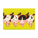 Small painting of 3 white dogs with black spots standing in a line with a girl, they all have the same expression and are the same height.