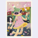 Painting of a green haired cartoon character wearing a pink dress and walking down a street while holding 2 sticks of dango, with tiny bunnies dancing on them.