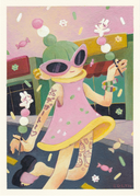Painting of a green haired cartoon character wearing a pink dress and walking down a street while holding 2 sticks of dango, with tiny bunnies dancing on them.