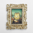 Painting of a white bunny dressed and modeled as the Mona Lisa. Painting is in a cute, gold ornate frame.