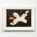 Framed artwork of a cartoon-like unicorn with white wings and a mane and tail made of flames. It has 2 small bunny characters riding it and holding sparklers.