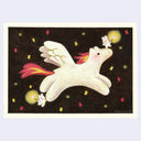 Illustration of a cartoon-like unicorn with white wings and a mane and tail made of flames. It has 2 small bunny characters riding it and holding sparklers.