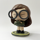 Ceramic sculpture of a stylized Daria from the show Daria - a girl with long brown hair, large glasses, a green coat and a black skirt with boots. She stands on a bullseye colored green.
