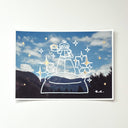 Paint marker illustration atop of a printed photograph of a girl standing atop of a wide frog head.