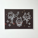 Paint marker illustration atop of a printed photograph of 3 girls with bangs in various poses.