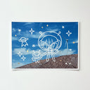 Paint marker illustration atop of a printed photograph of a cartoon girl standing with a small alien, both posing with peace signs.