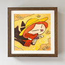 Painting of a small cartoon girl with short red hair and a brown sun hat, She stands with her tongue out in a bratty way next to a small brown dog, who leans into her. 