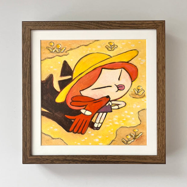 Painting of a small cartoon girl with short red hair and a brown sun hat, She stands with her tongue out in a bratty way next to a small brown dog, who leans into her. 