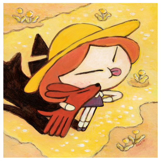 Painting of a small cartoon girl with short red hair and a brown sun hat, She stands with her tongue out in a bratty way next to a small brown dog, who leans into her.