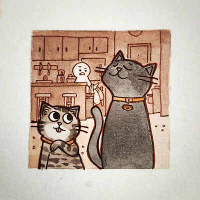 Illustration of two house cats, one tabby and one black. The black one looks smug and the other cat looks up at it.