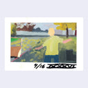 Painting of a person in a yellow shirt standing in a landscape with trees and a body of water.