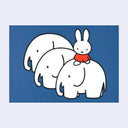 Blue postcard with an illustration of Miffy wearing an orange dress and riding atop of a large white elephant, with 2 more behind it.
