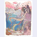 Digital illustration of 2 mermaids, gray and brown in color sitting on rocks, with a cross section of the ocean showing the sea floor and the sea's surface with a ship sailing atop of it.