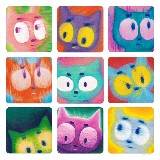 Colored pencil illustration, divided up into 9 panels. Each panel features a cartoon cat's face, each with a differing color scheme and facial expression, though all look serious or concerned.