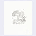 Graphite illustration of a girl holding a cookie and looking in a focused way.