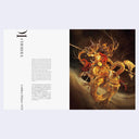 Artistic depiction of a golden figure on a horse with intricate details, set against a dark background with accompanying text on the opposite page.