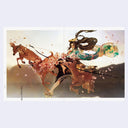 2 page book spread with an illustration that spans both pages of a girl carrying a large, ornate wooden bow. 