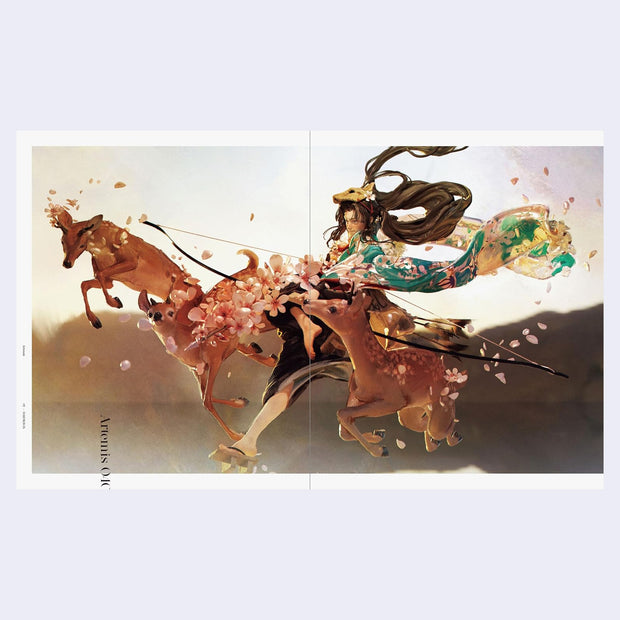 2 page book spread with an illustration that spans both pages of a girl carrying a large, ornate wooden bow. 