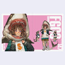 Illustration of a character with shark features and a pink background