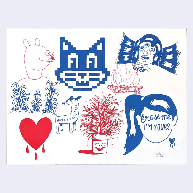 Screenprint in blue and red ink of many different drawings compiled together like a collage. Drawings range in subject matter: pixel cat, plants, a campfire, a bleeding heart, cartoon animals and people.