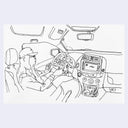 A black and white line drawing showing a person sitting in the driver's seat of a car interior, holding the steering wheel, with dashboard, radio, seats, and windshield visible.