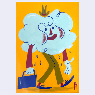 Cartoon cloud character with a floating cowboy hat, briefcase walking while raining.