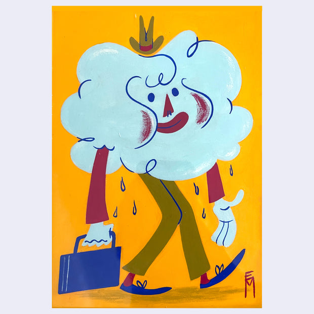 Cartoon cloud character with a floating cowboy hat, briefcase walking while raining.