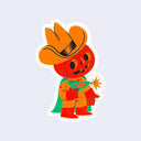 Die cut sticker of a retro illustrated pumpkin with a body, wearing a space suit and a cape. It has a cowboy hat and holds a vintage style laser gun.