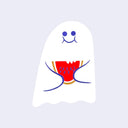 Die cut sticker of a white ghost with a full cheeked smile, holding a slice of watermelon with a few bites taken out of it.
