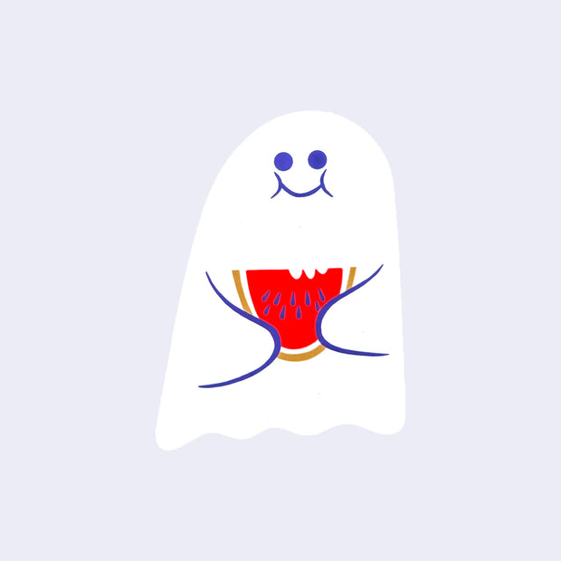 Die cut sticker of a white ghost with a full cheeked smile, holding a slice of watermelon with a few bites taken out of it.