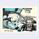 Black and blue ink risograph print on cream colored paper of a woman driving a car, seen from the passenger seat with an exaggerated perspective to encompass most of the inner dash.