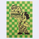 A retro-style illustrated card or print featuring a cartoon boy holding a burger with a cat on top, set against a green and pale yellow checkerboard background. The boy wears overalls with a checkered pattern and a shirt that reads 'BIG BOY'.