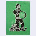 Vintage-style illustrated print on a green background, showing a black-and-white clown with green polka dots holding a circular sign that reads 'Circus LIQUOR,' with a small dog at the clown's feet.