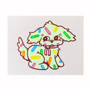 A cute cartoon-style puppy illustration with a light mint green body, multicolored sprinkle-like spots, and dark reddish-brown outlines, centered on a plain white background.