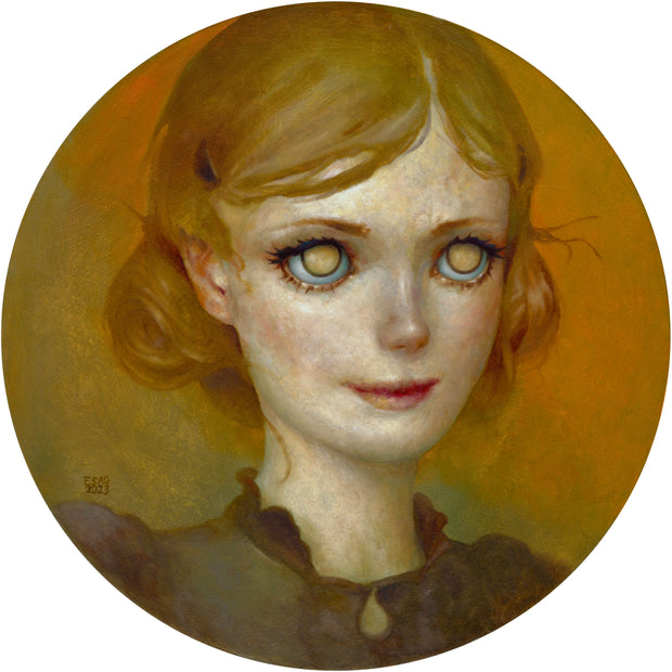 Painted portrait on a circular wooden panel, of a woman with large yellow eyes looking up. She is dressed like a pioneer woman, with her hair pinned to the sides. Color scheme is entirely yellow and brown, with a dusty atmosphere.
