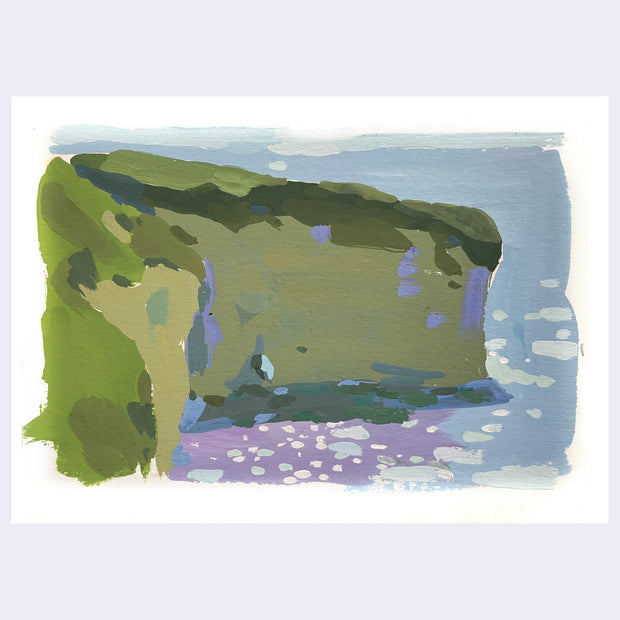 Plein air painting of a cliffside over the ocean, green with the purple water reflecting onto it.