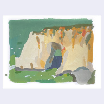 Plein air painting of a tan cliff with an archway opening, in front of the ocean.