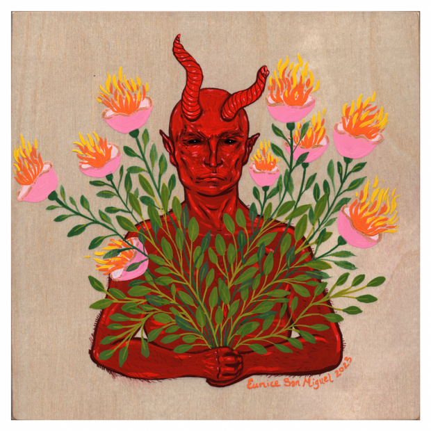 Painting on exposed wooden panel of a red devil, with twisted horns and a stern human like expression. It sits with its arms resting together on an invisible surface, holding a large bouquet of pink fire flowers.