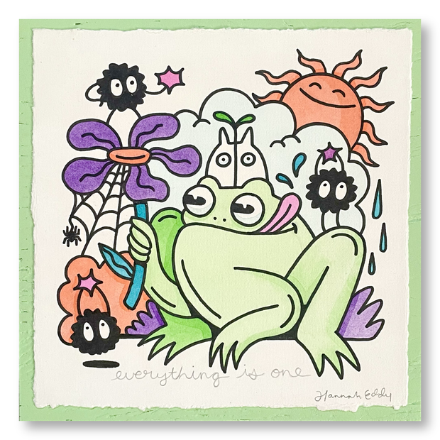 Illustration of a cartoon frog, holding a purple flower with a spider web on it. A small chibi white Totoro is atop its head and small black dust sprites are around, holding up colorful stars. Piece is on paper with deckled edges and atop a green panel.