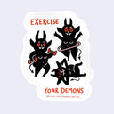 Sticker with cartoon demons exercising on a light purple background