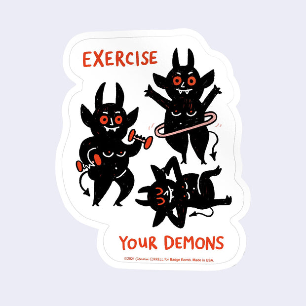 Sticker with cartoon demons exercising on a light purple background
