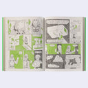 Open book showing a comic strip with various panels and characters.