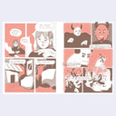 Comic strip with character interactions and dialogue bubbles on a light pink background