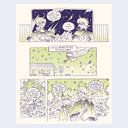 Comic strip with characters and outdoor scenes on a light purple background