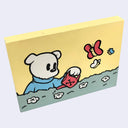 Cartoon dog holding a red watering can with butterflies in the background, watering white flowers on greenery.