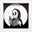 Framed black and white illustration of a grim reaper character holding a book with text, against a white background.